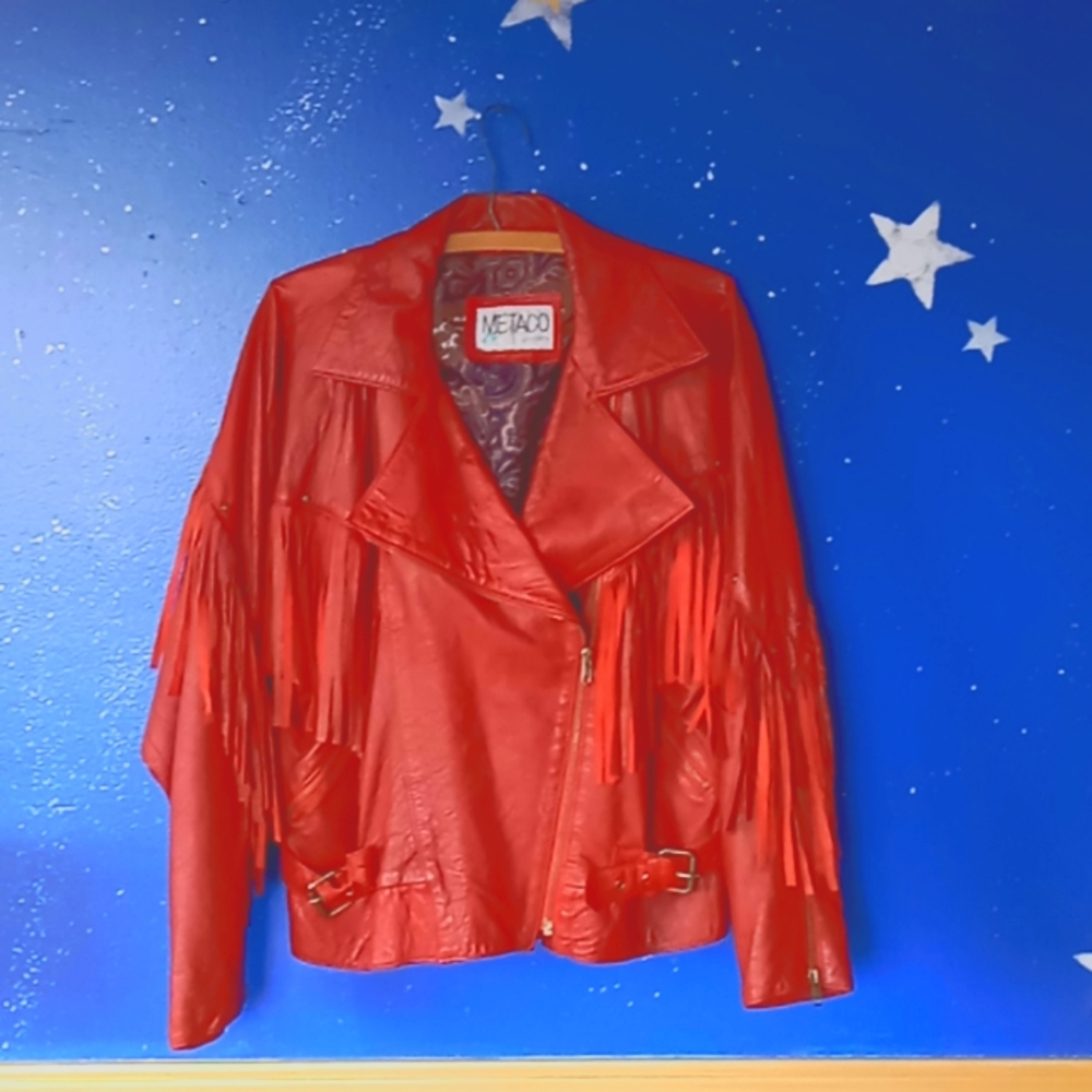 Red fringe leather riding jacket